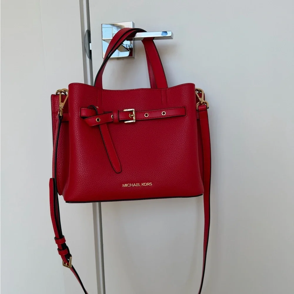 NEW Michael Kors Emilia Small Pebbled Leather Satchel Bright Red